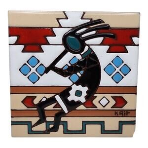 Vtg 1999 Earthtones Kokopelli Glazed Tile Trivet 6"x6" Southwest Signed Krit